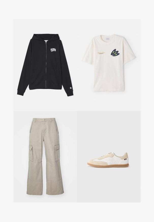 Schwarze Reißverschluss-Hoodie aus Baumwollmischung mit Kängurutasche, verstellbare Kapuze und Logo auf der Vorderseite. Weicher Stoff und gerippte Bündchen.; Cremfarbener Baumwoll-T-Shirt mit einem dunklen Schallplattendesign in grün mit goldener Schrift auf der Vorderseite. Kurze Ärmel, Rundhalsausschnitt.; Khaki Cargo-Hosen aus Baumwollmischung, mit weitem Bein, mehreren Seitentaschen und dezenten Steppdetails.; Weißer Sneaker mit hellbeigen Wildledereinsätzen, perforierten Details, flachen Schnürsenkeln und einer Gummisohle in Karamellfarbe. Mit gestreiftem Markenlogo an der Ferse.