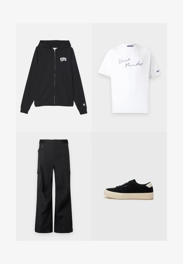 Schwarze Reißverschluss-Hoodie aus Baumwollmischung mit Kängurutasche, verstellbare Kapuze und Logo auf der Vorderseite. Weicher Stoff und gerippte Bündchen.; Weißes Baumwoll-T-Shirt mit lockerer Passform, mit blauer handgeschriebener Schrift "Blue Monday" auf der Vorderseite und einem Logosticker am Ärmel.; Schwarze Cargo-Hosen aus einem glatten, wasserabweisenden Stoff. Merkmale sind weit geschnittene Beine, mehrere Seitentaschen und ein flacher Bund mit dezentem Branding.; Schwarze Wildleder-Sneaker mit einer dicken beigen Gummisohle, runder Zehenpartie und schwarzen Schnürsenkeln. Auf der Ferse befindet sich ein weißer Akzent. Einfaches, klassisches Design.