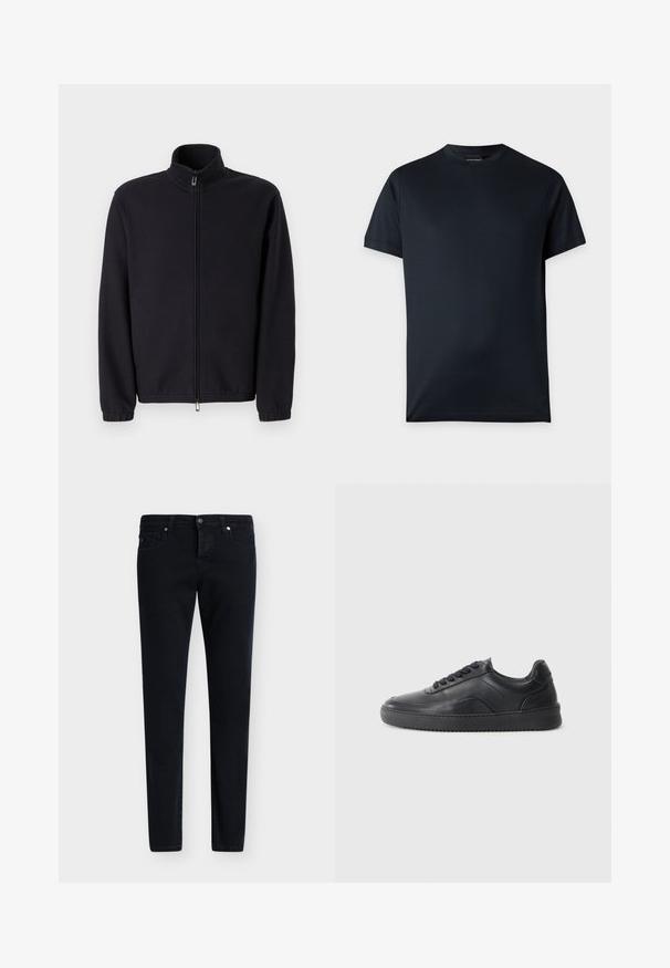 Veste noire zippée en tissu texturé, dotée d'un col montant et de poignets élastiques, avec une coupe droite et sans décorations visibles.; T-shirt noir uni à manches courtes et col rond avec un petit logo près de l'ourlet sur un fond gris clair.; Jean slim noir en denim avec fermeture devant par bouton et zip, passants de ceinture, poches avant et arrière sur un fond clair.; Chaussure de sport en cuir noir avec une finition lisse, bout arrondi, panneau latéral texturé et lacets noirs. Présente une semelle en caoutchouc plate et un design minimaliste.