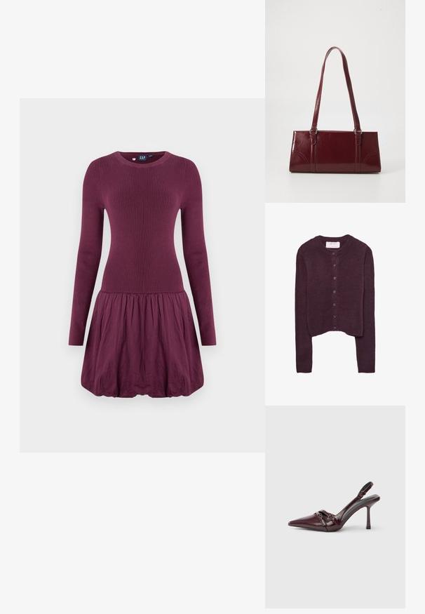 Cardigan bourgogne au design court, avec un col rond et sept boutons sur le devant. Tissu en tricot texturé doux.; Robe violette avec un corsage côtelé, des manches longues et une jupe froncée. Le tissu semble lisse avec une texture légère.; Escarpin slingback en cuir verni bordeaux avec bout pointu, fine bride à la cheville et petit détail décoratif de boucle. Texture lisse et talon haut.; Sac à main bordeaux en matériau brillant, de forme rectangulaire, avec deux anses et des accents légèrement courbés à l'avant.