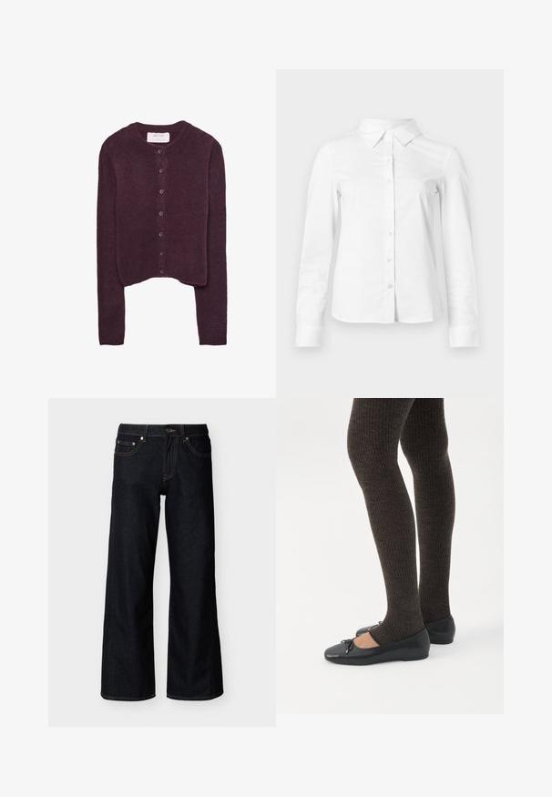 Cardigan bourgogne au design court, avec un col rond et sept boutons sur le devant. Tissu en tricot texturé doux.; Chemise blanche à manches longues avec boutons, col pointu, ourlet droit et silhouette ajustée, présentée sur un fond clair uni.; Jean denim bleu foncé à jambes larges avec bouton frontal, fermeture éclair et style cinq poches sur fond clair uni.; Jambes portant des leggings côtelés foncés associés à des ballerines noires avec de petits détails en nœud sur fond blanc.