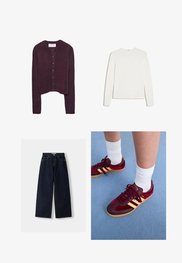 Cardigan bourgogne au design court, avec un col rond et sept boutons sur le devant. Tissu en tricot texturé doux.; T-shirt blanc uni à manches longues avec col rond et coupe ajustée, posé à plat sur un fond blanc.; Jean large en denim bleu foncé à taille haute, avec cinq poches, des coutures contrastées et des éléments en métal argenté. Texture lisse et finition soignée.; Baskets en daim et cuir bordeaux avec des rayures jaunes et une semelle en gomme. Chaussettes blanches côtelées visibles au-dessus de la cheville, posées sur une surface texturée bleue.