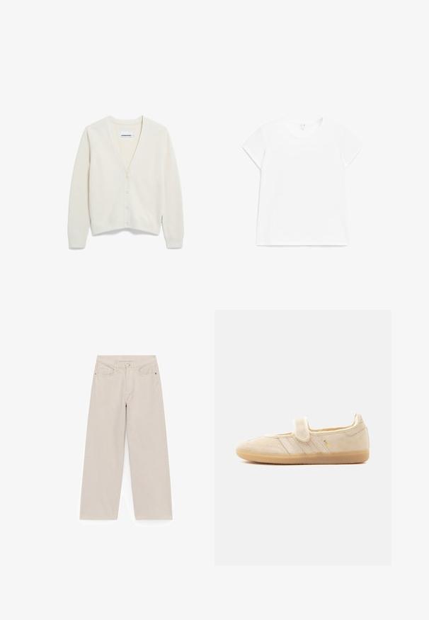 Ecrufarbener Cardigan aus weichem Material, mit V-Ausschnitt, gerippter Textur, fünf Knöpfen auf der Vorderseite und langen Ärmeln.; Weißes T-Shirt mit kurzen Ärmeln und Rundhalsausschnitt in regulärer Passform, flach auf weißem Hintergrund präsentiert.; Beige weit geschnittene Jeans aus Baumwolle, mit einem klassischen Fünf-Taschen-Design, Knopf- und Reißverschluss, und minimalen Nähdetails.; Beiger Wildleder-Mary-Jane-Sneaker mit Klettverschluss, Gummisohle, drei aufgenähten Streifen und goldenem "SAMBA"-Logo an der Seite.