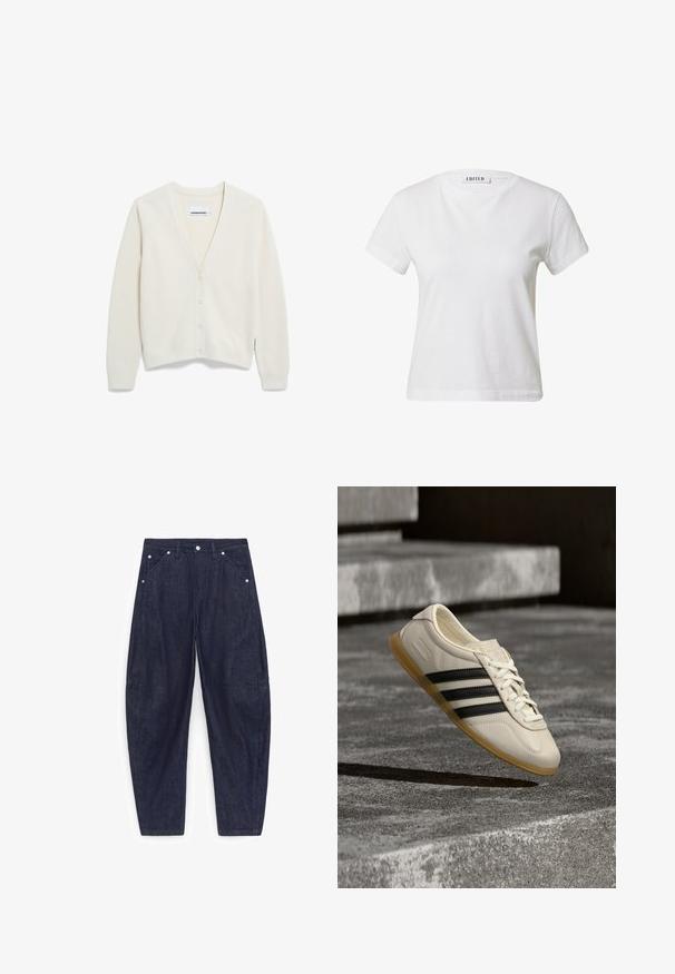 Crème-kleurige cardigan van zacht materiaal, met een V-hals, geribbelde structuur, vijf knopen aan de voorkant en lange mouwen.; Witte korte mouwen t-shirt van katoen, met een ronde halslijn en een ontspannen pasvorm. Label op de achterkant zegt "EDITED".; Donkerblauwe spijkerbroek met wijde pijpen, voorzakken, lussen voor een riem en zilveren klinknagels, plat weergegeven op een witte achtergrond.; Witte sneaker met zwarte strepen en rubberen zool zwevend boven betonnen trap in zacht daglicht.