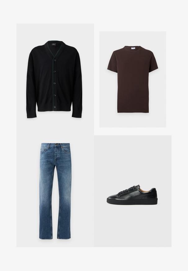 PS Paul Smith MENS CARDIGAN BUTTON - Gilet - black; T-shirt uni marron foncé à manches courtes avec col rond, coupe slim et petite étiquette blanche à l'intérieur du col.; Jean en denim bleu avec une coupe droite, délavé, cinq poches et coutures contrastées. Fermeture à bouton et zip à la taille.; Baskets en cuir noir avec une texture lisse, bout rond et fermeture à lacets. Comprend une semelle en caoutchouc épaisse et un minimum de détails de marque.