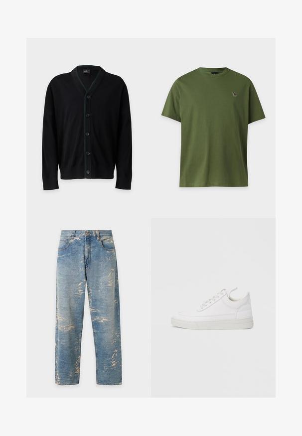PS Paul Smith MENS CARDIGAN BUTTON - Gilet - black; T-shirt vert olive uni à manches courtes avec un petit logo zèbre multicolore sur la poitrine gauche sur un fond clair.; Jean bleu clair à jambes droites, taille haute avec des détails délavés et usés sur tout le tissu.; Baskets en cuir blanc avec un embout arrondi, une semelle plate et un laçage à l'avant. Présentent des détails de couture et un col rembourré pour plus de confort.