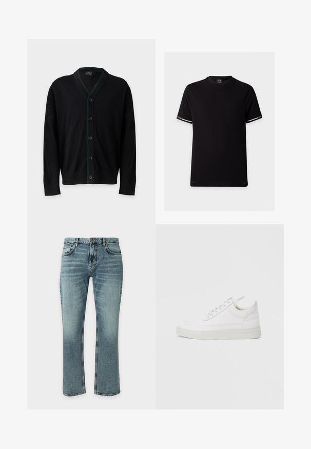 PS Paul Smith MENS CARDIGAN BUTTON - Gilet - black; T-shirt noir à manches courtes avec col rond, rayures blanches et logo Armani Exchange sur les poignets des manches.; Jean en denim bleu avec un lavage légèrement délavé, style classique à cinq poches, fermeture par boutons et coupe droite sur un fond uni.; Baskets en cuir blanc avec un embout arrondi, une semelle plate et un laçage à l'avant. Présentent des détails de couture et un col rembourré pour plus de confort.