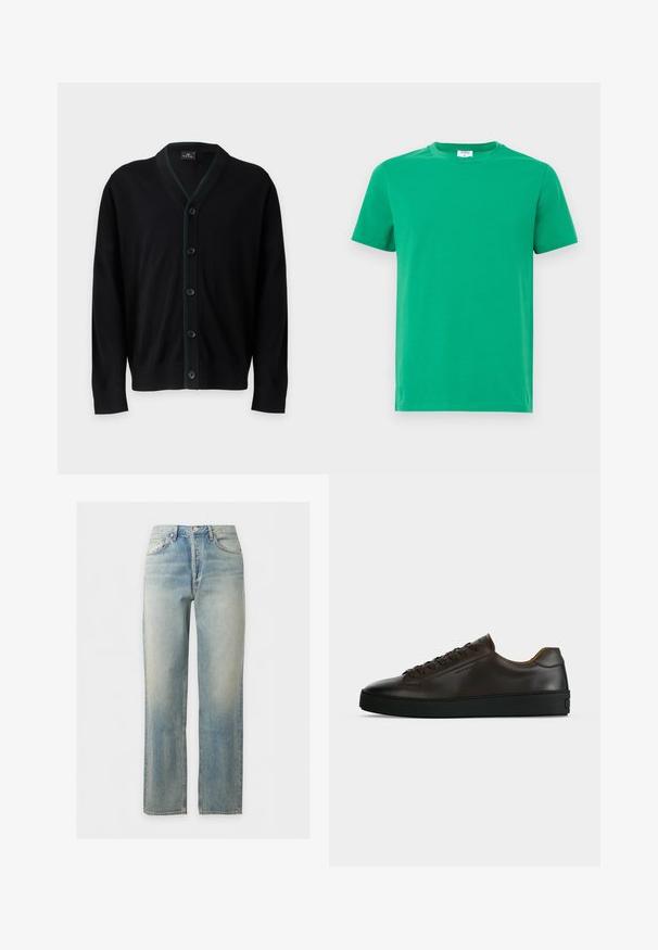 PS Paul Smith MENS CARDIGAN BUTTON - Gilet - black; T-shirt en coton vert à manches courtes, col rond et texture lisse. Design simple sans motifs ni embellissements.; Jean en denim délavé bleu clair avec coupe droite, fermeture à boutons et zip sur le devant, et design cinq poches.; Baskets basses en cuir marron foncé avec semelle en caoutchouc noire, lacets à l'avant et design minimaliste épuré sur fond clair.