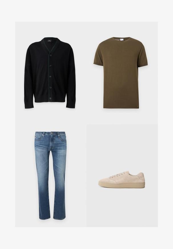PS Paul Smith MENS CARDIGAN BUTTON - Gilet - black; T-shirt à manches courtes et col rond de couleur vert olive avec une texture lisse et unie, présenté sur un fond blanc.; Jean bleu délavé pour homme, coupe droite, avec fermeture à boutons et zip à l'avant, poches avant et arrière, présenté sur fond blanc.; Baskets en daim beige avec un bout rond, des lacets plats et une semelle en caoutchouc texturé. Design minimaliste avec des bords lisses et des coutures discrètes.