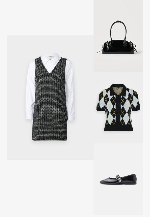 Cárdigan corto negro de manga corta que presenta un patrón de rombos en azul claro, blanco, negro y amarillo. Con cierre de botones en la parte delantera y un cuello. Tejido de punto texturizado.; Vestido a cuadros en blanco y negro con escote en V y diseño sin mangas, superpuesto a una camisa blanca con cuello y mangas largas.; Zapato plano de charol negro con puntera cuadrada, detalle de hebilla lateral y tacón bajo y redondeado. Textura suave y diseño minimalista.; Pequeño bolso negro brillante con dos asas largas y detalles de cordón lateral sobre un fondo claro liso.