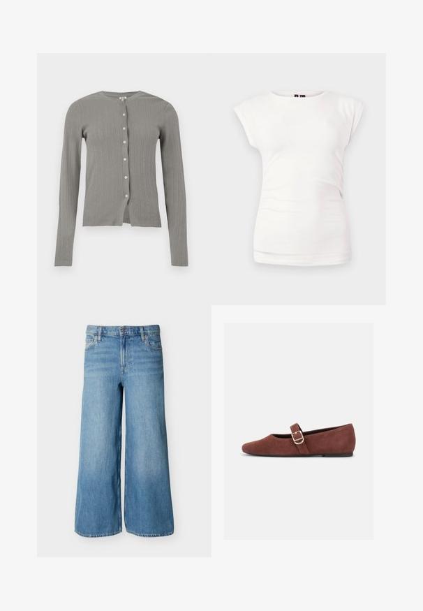 Cardigan tricoté gris clair à manches longues avec texture côtelée verticale et six boutons blancs sur le devant.; T-shirt blanc ajusté à manches courtes avec col rond sur fond uni, avec un léger détail froncé sur le côté.; Jean en denim bleu clair à jambes larges avec bouton frontal, fermeture éclair, passants pour ceinture et poches, présenté sur un fond uni.; Chaussure plate Mary Jane en suède marron avec une bride à boucle dorée et une semelle noire sur fond blanc.