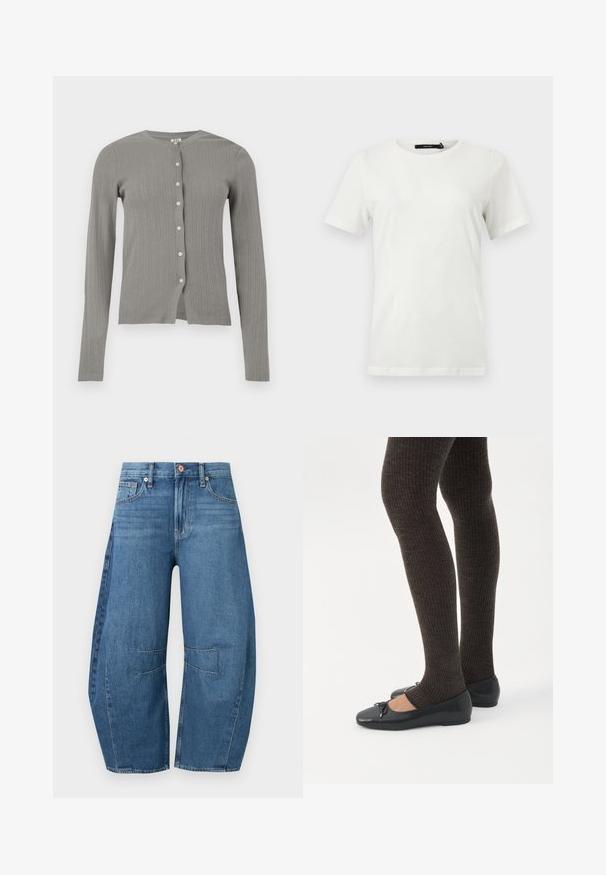 Cardigan tricoté gris clair à manches longues avec texture côtelée verticale et six boutons blancs sur le devant.; T-shirt blanc uni à manches courtes avec encolure ronde, ourlet droit, présenté à plat sur un fond clair.; Jean bleu à jambes larges avec taille haute, poches avant et arrière, et détails prononcés des coutures aux genoux.; Jambes portant des leggings côtelés foncés associés à des ballerines noires avec de petits détails en nœud sur fond blanc.