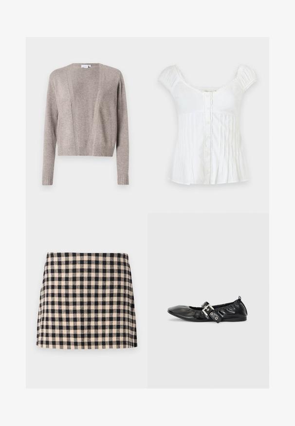 Cárdigan de color beige claro hecho de un tejido suave, con un diseño de largo corto, frente abierto, mangas largas y puños acanalados.; Blusa blanca de manga corta con botones delanteros, escote cuadrado, hombros fruncidos y pliegues verticales en la parte inferior.; Falda a cuadros negra y crema con corte recto, que presenta una textura suave y un dobladillo que se sitúa por encima de la rodilla. Sin herrajes ni acentos.; Zapato plano de piel negra con puntera afilada, detalle fruncido alrededor de la abertura y un acento de hebilla plateada en la correa ajustable.