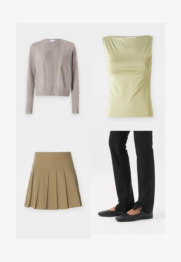 Cárdigan de color beige claro hecho de un tejido suave, con un diseño de largo corto, frente abierto, mangas largas y puños acanalados.; Top sin mangas de color verde claro, hecho de una tela suave, con un escote redondo y una silueta ajustada con costuras laterales sutiles.; Falda plisada color caqui con cintura ajustada, fabricada en un tejido suave, que presenta pliegues afilados que realzan su apariencia estructurada.; Piernas con pantalones ajustados negros con aberturas frontales en el dobladillo, combinados con zapatos planos Mary Jane negros con una pequeña correa con hebilla.
