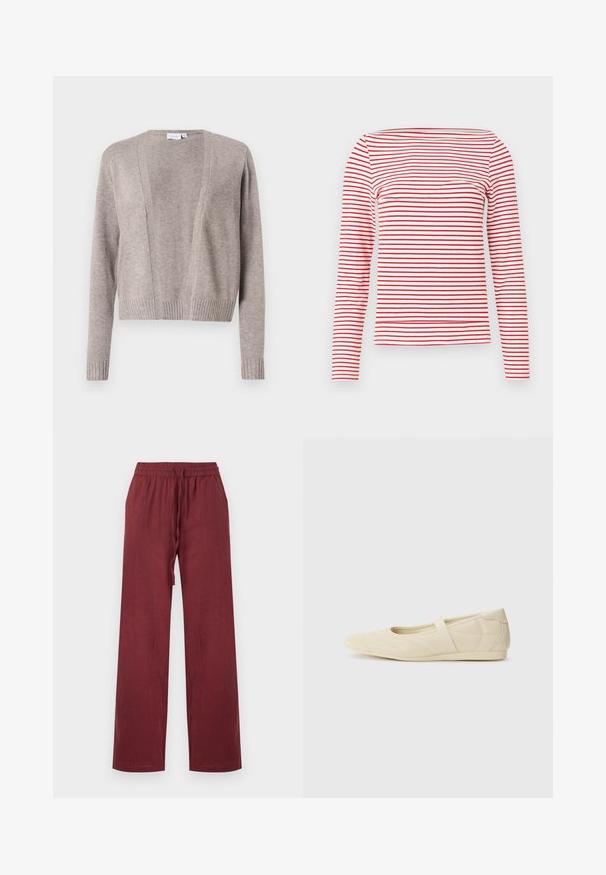 Lys beige cardigan lavet af blødt stof, med en cropped længde, åben front design, lange ærmer og ribbede manchetter.; Rød- og hvidstribet langærmet top med bådudskæring. Fremstillet af et blødt stof med jævnt fordelte, vandrette striber.; Bourgognefarvede, vidbenede linnedbukser med elastisk talje og snøre foran, vist på en ensfarvet hvid baggrund.; Lysebrune ballet flats med en glat læderoverflade, mandelformet tå og elastisk rem over vristen, med diskrete syninger.