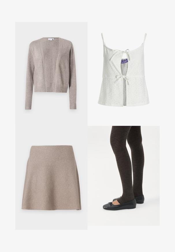 Cárdigan de color beige claro hecho de un tejido suave, con un diseño de largo corto, frente abierto, mangas largas y puños acanalados.; Top sin mangas blanco con patrón de ojal, cierre frontal con lazo, detalle de ojal y tirantes ajustables. La tela tiene un acabado texturizado.; Una falda beige de corte acampanado, hecha de una tela suave con una textura lisa y un dobladillo limpio. Diseño sencillo sin patrones o adornos visibles.; Piernas con leggings oscuros acanalados combinados con bailarinas negras que presentan pequeños detalles de lazo sobre un fondo blanco.