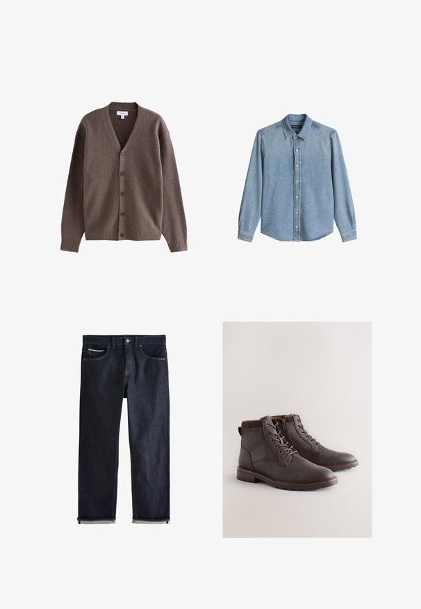 Cardigan en laine marron à boutons, col en V, poignets et ourlet côtelés, manches longues, présenté sur un fond blanc.; Chemise en denim bleu clair à manches longues avec col et boutons sur le devant, étalée à plat sur un fond blanc.; Jean en denim bleu foncé avec une coupe droite classique, doté de cinq poches, d'une fermeture à bouton, et de revers roulés mettant en valeur une doublure bleu clair.; Bottes cheville en cuir marron avec col texturé, lacets à l'avant, fermeture éclair latérale et semelle en caoutchouc avec relief antidérapant. Équipées d'œillets métalliques.
