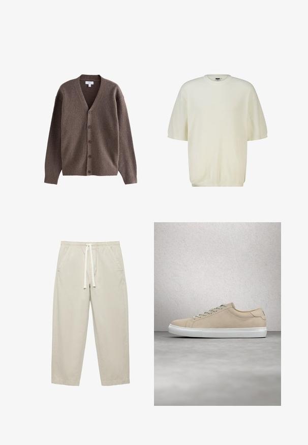 Cardigan en laine marron à boutons, col en V, poignets et ourlet côtelés, manches longues, présenté sur un fond blanc.; Pull en maille couleur crème à manches courtes avec un col rond et une texture côtelée, présenté sur un fond blanc uni.; Pantalon décontracté beige avec taille élastique, cordon blanc et poches latérales, présenté sur un fond blanc.; Baskets en suède beige avec un bout arrondi, semelle en caoutchouc blanche et lacets assortis. Design minimaliste avec des détails de coutures discrètes.