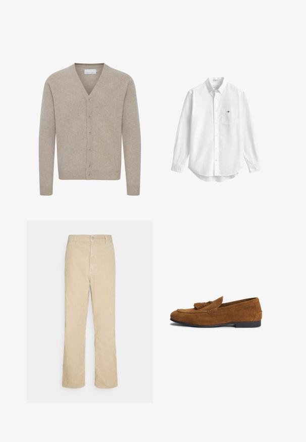 Cardigan beige en tissu doux, avec un col en V, fermeture à sept boutons, poignets et ourlet côtelés, et une texture lisse.; Chemise blanche à manches longues boutonnée avec col et poche poitrine présentant un petit logo brodé.; Carhartt WIP SIMPLE PANT - Pantalon classique - beige; Mocassin homme en daim marron avec détail pompon et semelle noire basse, embossé sur le côté avec le nom de la marque.