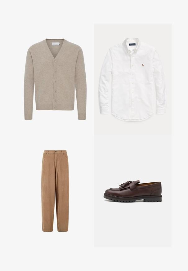 Beige cardigan lavet af blødt stof, med V-udskæring, lukning med syv knapper, ribbede manchetter og kant, med en glat tekstur.; Hvid skjorte med lange ærmer, knapper og krave med lille broderet logo på venstre bryst, lagt fladt på ensfarvet baggrund.; Kamelsnore bukser i lys brun med lige ben-design, med knaplukning og sidelommer, struktureret ribbet overflade.; Zign Business loafers - brown