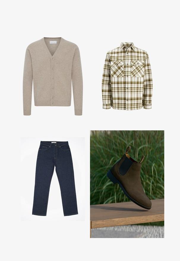 Beige cardigan lavet af blødt stof, med V-udskæring, lukning med syv knapper, ribbede manchetter og kant, med en glat tekstur.; Rutig skjorte i olivengrøn og hvid, med button-down krave, to brystlommer og en afslappet pasform. Lavet af et blødt, tekstureret stof.; Mørkeblå jeans lavet af denim, med lige pasform, femlomme-design og kontrasttråd langs sømmene.; Brune ruskinds Chelsea-støvle med sorte elastiske sidepaneler og en lav hæl, der har trækflapper på bagsiden samt en glat sort sål.