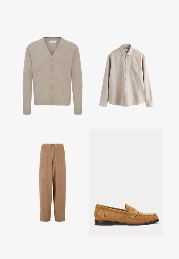 Beige cardigan lavet af blødt stof, med V-udskæring, lukning med syv knapper, ribbede manchetter og kant, med en glat tekstur.; Langærmet beige skjorte med knapper, krave og brystlomme, lavet af tekstureret stof, vist på en hvid baggrund.; Kamelsnore bukser i lys brun med lige ben-design, med knaplukning og sidelommer, struktureret ribbet overflade.; Lysebrun ruskind loafer med syede detaljer og lille broderet hestelogo på siden, med lav træhæl og slip-on design.