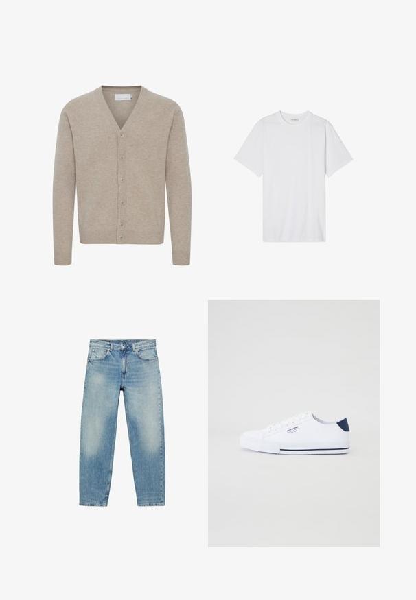 Cardigan beige en tissu doux, avec un col en V, fermeture à sept boutons, poignets et ourlet côtelés, et une texture lisse.; T-shirt en coton blanc avec un col rond, des manches courtes et une coupe décontractée ; texture lisse avec des bords nets et sans motifs ni embellissements.; Jean droit en denim bleu avec poches avant et passants de ceinture, présentant des détails légèrement décolorés sur les cuisses et les genoux.; Baskets en toile blanches avec un accent de talon marine, semelle en caoutchouc plate, bout rond et lacets blancs. Présente un logo sur le côté.