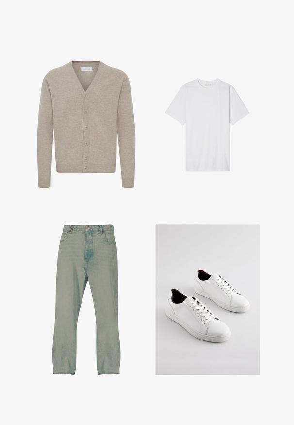 Beige cardigan lavet af blødt stof, med V-udskæring, lukning med syv knapper, ribbede manchetter og kant, med en glat tekstur.; Hvid bomulds t-shirt med rund halsudskæring, korte ærmer og en afslappet pasform; glat tekstur med rene kanter og uden mønstre eller udsmykninger.; Lyseblå jeans med lige ben, forrest knapper, bæltestropper og forlommer, vist mod en hvid baggrund.; Hvide lædersneakers med lav profil, perforerede sider, flade snørebånd og en kontrasterende brun indvendig foring. Gummisål med tekstureret mønster.