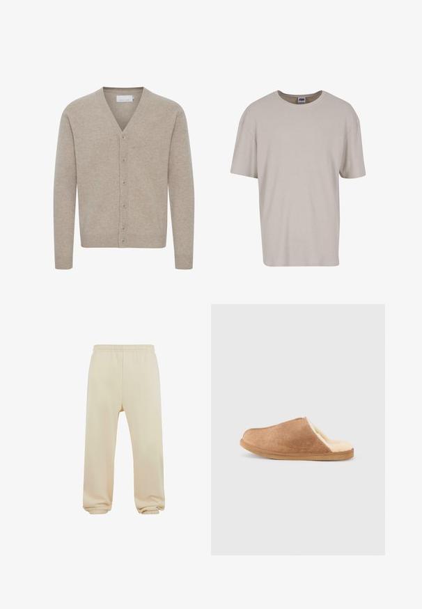 Beige cardigan lavet af blødt stof, med V-udskæring, lukning med syv knapper, ribbede manchetter og kant, med en glat tekstur.; Lys beige kortermet t-shirt lavet af tekstureret stof, med rund halsudskæring og en løs pasform. Ingen synlige mønstre eller hardware.; Beige sweatpants med elastisk talje, med cuffed afslutninger og en glat tekstur. Simpel, lige ben design uden mønstre eller udsmykninger.; Brun ruskind slip-on hjemmesko med cremefarvet blødt fleecefor og gummisål, vist i sideprofil på hvid baggrund.