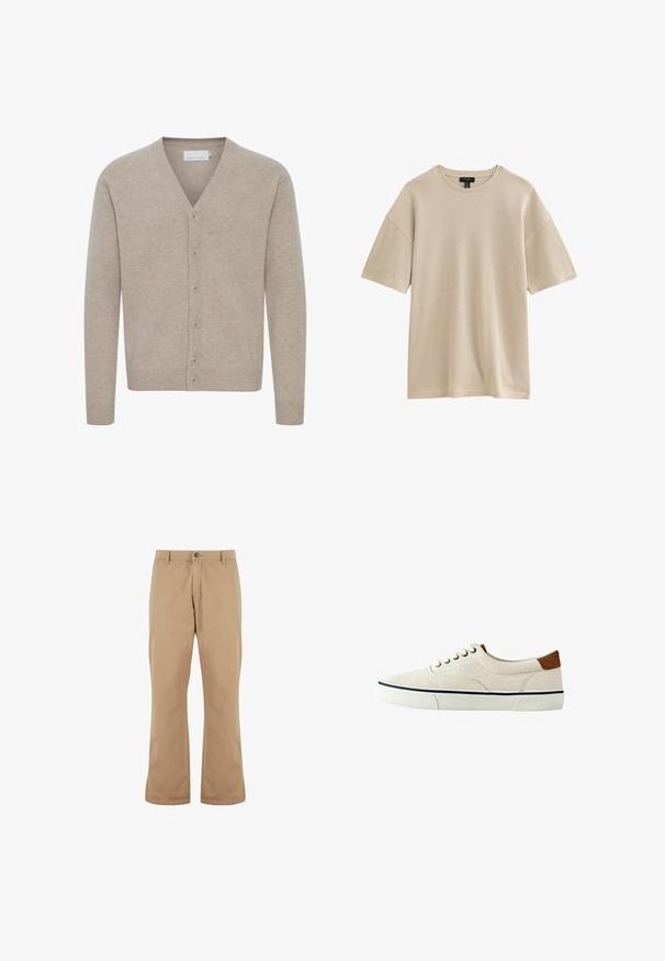 Beige cardigan lavet af blødt stof, med V-udskæring, lukning med syv knapper, ribbede manchetter og kant, med en glat tekstur.; Beige ribstrikket T-shirt med korte ærmer, rund hals og løs pasform, vist mod en hvid baggrund.; Beige bomuldsbukser med lige pasform, der har knaplukning, forlommer og en glat tekstur.; Beige lavtop lærredssneaker med hvid gummisål, hvide snørebånd, navy stribedetalje og brun ruskindshælflig, sidevisning på hvid baggrund.