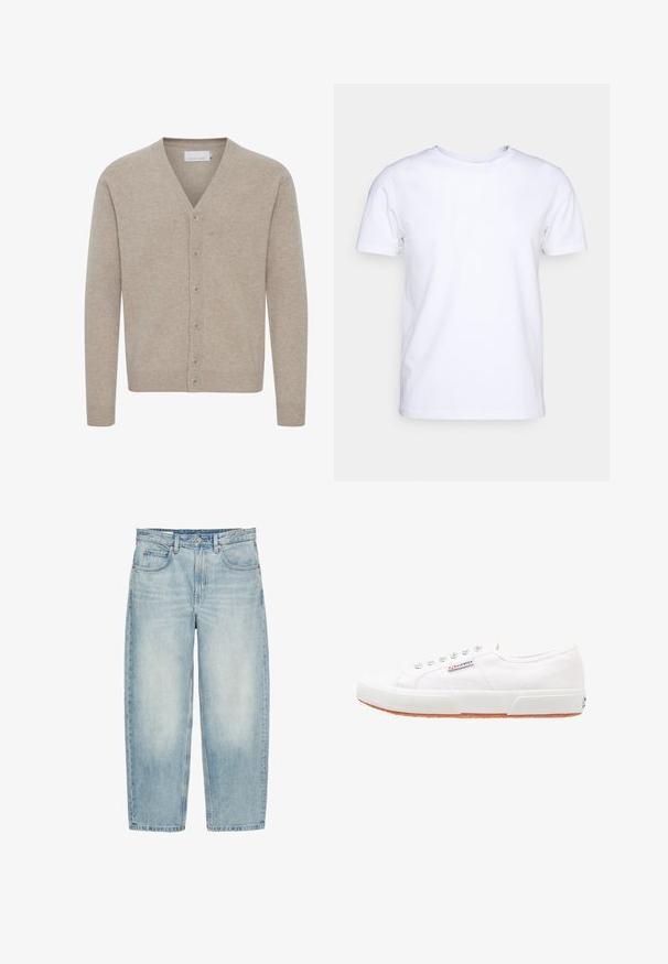 Beige cardigan lavet af blødt stof, med V-udskæring, lukning med syv knapper, ribbede manchetter og kant, med en glat tekstur.; Hvid kortærmet t-shirt i bomuldsstof med rund halsudskæring. Enkel design uden mønstre eller detaljer. Glat tekstur.; Lyseblå højtaljede jeans med lige ben, forlommer, bæltestropper og lukning med metalknap.; Hvide kanvas sneakers med gummisål, snørebåndsdesign og et lille logo mærke på siden. Tekstureret hvid overdel og brun ydersål.