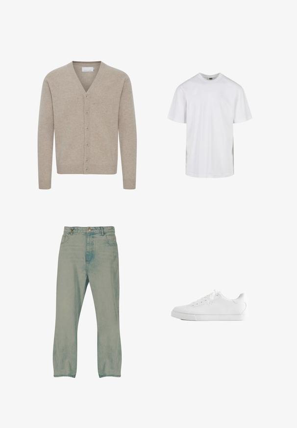 Cardigan beige en tissu doux, avec un col en V, fermeture à sept boutons, poignets et ourlet côtelés, et une texture lisse.; T-shirt blanc uni à manches courtes avec col rond et coupe décontractée, présenté sur fond blanc.; Jean droit bleu clair avec bouton à l'avant, passants pour ceinture et poches avant, présenté sur un fond blanc.; Baskets basses blanches avec lacets, dessus en cuir lisse et semelle extérieure en caoutchouc plate, vues de côté sur fond blanc.