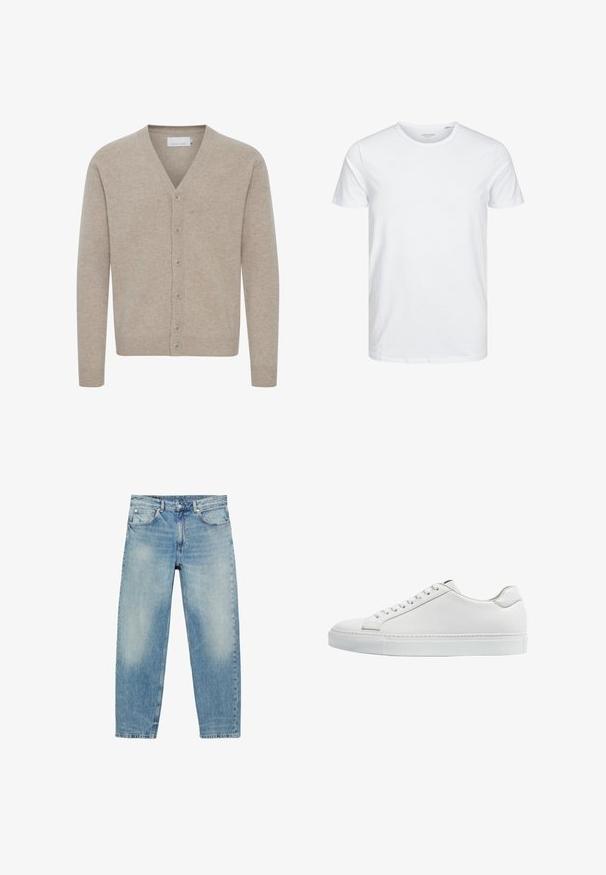 Cardigan beige en tissu doux, avec un col en V, fermeture à sept boutons, poignets et ourlet côtelés, et une texture lisse.; T-shirt à col rond à manches courtes de couleur blanche unie, fabriqué en coton doux, avec un design simple sans motifs ni accents visibles.; Jean droit en denim bleu avec poches avant et passants de ceinture, présentant des détails légèrement décolorés sur les cuisses et les genoux.; Des sneakers en cuir blanc, avec une finition lisse, un bout rond, une semelle en caoutchouc blanc plate et des lacets blancs. Design minimaliste avec des coutures discrètes.