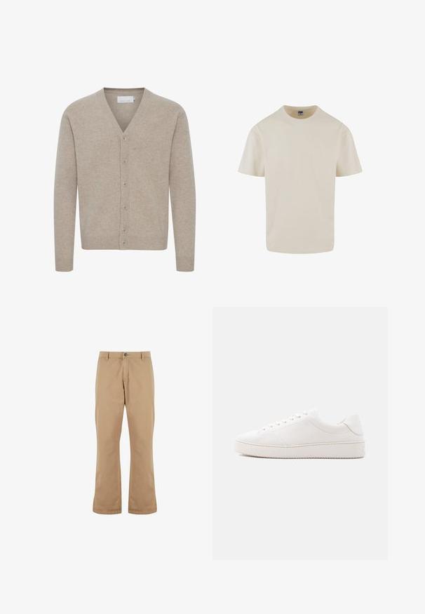 Beige cardigan lavet af blødt stof, med V-udskæring, lukning med syv knapper, ribbede manchetter og kant, med en glat tekstur.; Urban Classics LOOSE TEE - T-shirts basic - whitesand; Beige bomuldsbukser med lige pasform, der har knaplukning, forlommer og en glat tekstur.; Hvid lædersneaker med en glat overflade, rund tå, seks-huls snørebånd og en struktureret gummisål. Minimalistisk design uden mønstre.