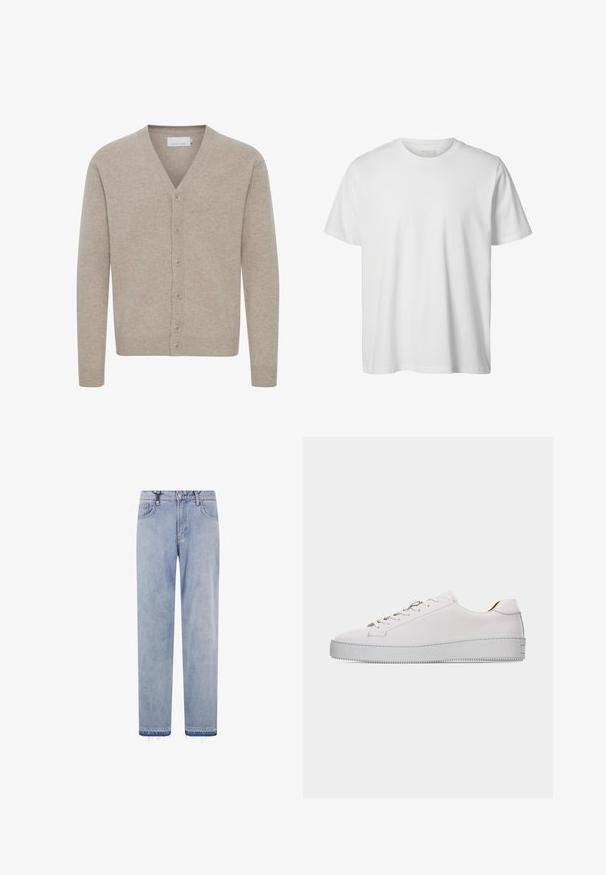 Beige cardigan van zacht materiaal, met een V-hals, sluiting met zeven knopen, geribbelde manchetten en zoom, en een gladde textuur.; Eenvoudig wit T-shirt met korte mouwen en ronde hals, losse pasvorm en zonder zichtbare logo's of ontwerpen aan de voorkant.; Lichtblauwe straight-leg spijkerbroek met voorzakken, riemlussen, knoopsluiting en rafelige zomen.; Witte leren lage sneaker met witte veters, platte geribbelde rubberen zool en minimale stiksels, gezien vanaf de buitenkant tegen een witte achtergrond.