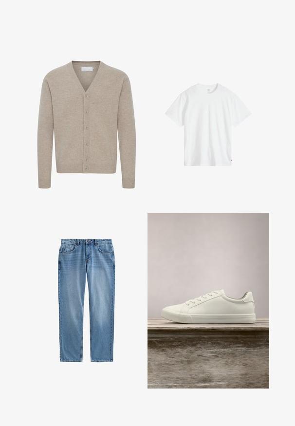 Beige cardigan lavet af blødt stof, med V-udskæring, lukning med syv knapper, ribbede manchetter og kant, med en glat tekstur.; Hvid bomulds-T-shirt med rund hals, korte ærmer og afslappet pasform. Har et lille mærke nederst til venstre.; Lyseblå denimjeans med lige ben, fem-lomme design, synlig syning og lynlås. Ingen slid eller mønstre.; Hvide snørresneakers svævende over en træbænk med grønne planter i baggrunden, der fremhæver skodesign og tekstur.
