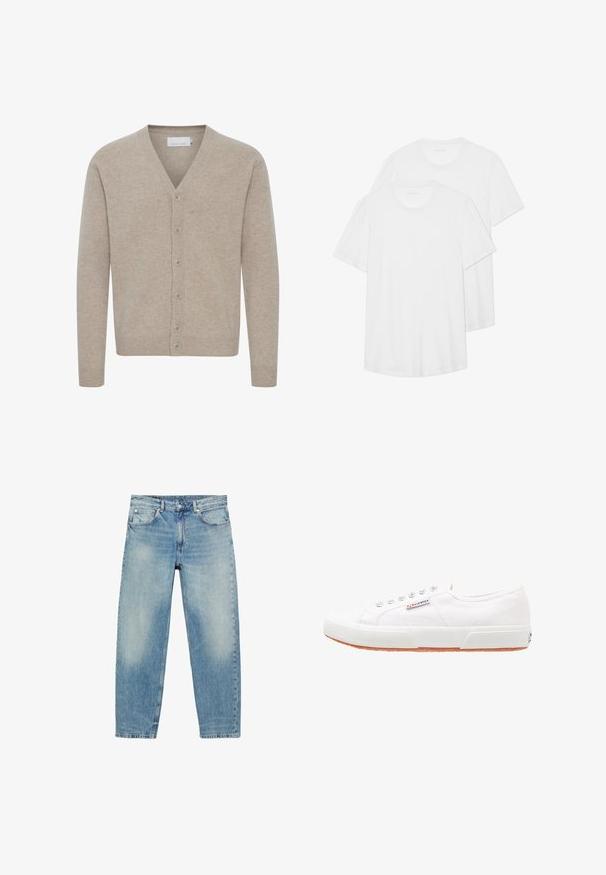 Cardigan beige en tissu doux, avec un col en V, fermeture à sept boutons, poignets et ourlet côtelés, et une texture lisse.; Deux T-shirts blancs à manches courtes en coton, dotés d'un col rond, d'une texture douce et d'un design simple et sans ornement.; Jean droit en denim bleu avec poches avant et passants de ceinture, présentant des détails légèrement décolorés sur les cuisses et les genoux.; Baskets en toile blanches avec une semelle en caoutchouc, design à lacets et une petite étiquette logo sur le côté. Tige blanche texturée et semelle extérieure marron.