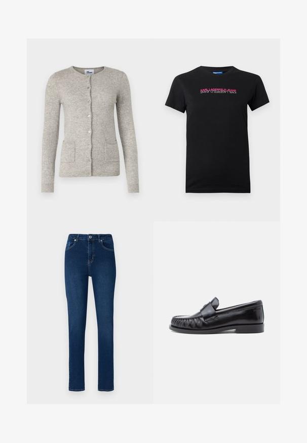 Cárdigan gris hecho de una tela suave, con un cuello redondo, mangas largas, cierre de botones y dos bolsillos frontales.; Camiseta de algodón negra con mangas cortas, que presenta un logo horizontal en texto rosa y blanco que dice "KARL LAGERFELD JEANS."; Jeans de denim azul oscuro con un corte ajustado. Las características incluyen una cinturilla con botón, cinco bolsillos y detalles de costura mínimos.; Mocasines de cuero negro con punta redondeada, costuras distintivas y una banda decorativa sobre el empeine. Acabado liso y tacón bajo.