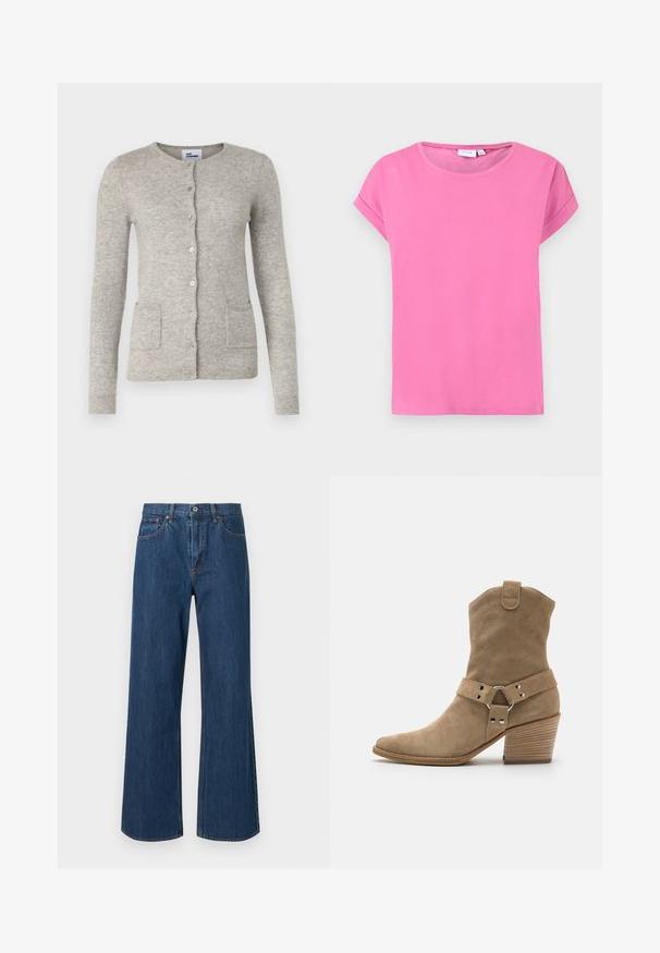 Grå cardigan lavet af blødt materiale, med rund halsudskæring, lange ærmer, knaplukning og to forlommer.; Lyserød t-shirt med korte ærmer og rund halsudskæring, med foldede ærmekanter og et ensartet glat stof på en hvid baggrund.; Bredde denimjeans i mellemblå, med høj talje, frontlommer og subtile stikninger. Glat tekstur med afrundede bundkanter.; Beige ruskindsankelstøvle med spidse tæer, en stablet hæl og en dekorativ rem med cirkulært hardware-detail.