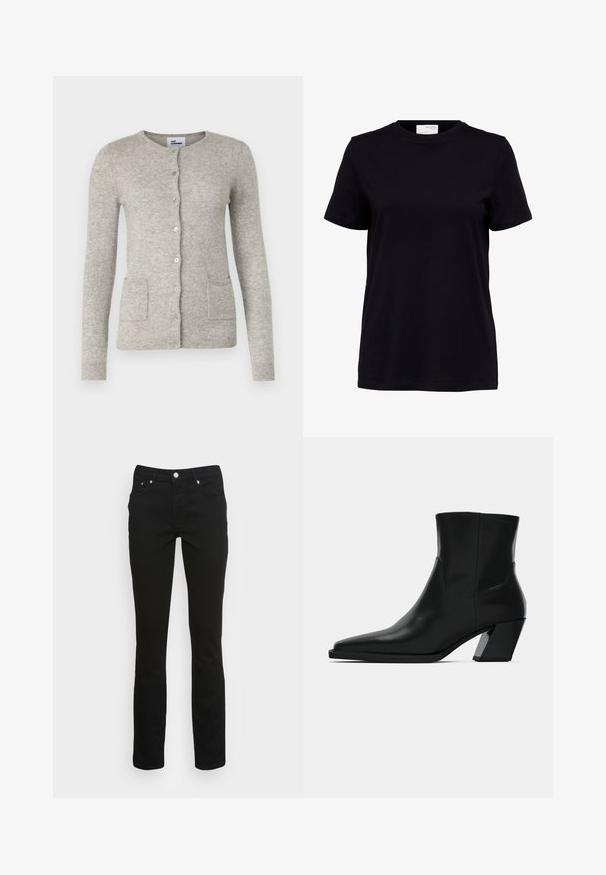 Grijze cardigan van zacht materiaal, met een ronde halslijn, lange mouwen, knoopsluiting en twee voorzakken.; Zwart T-shirt met korte mouwen en een ronde hals, rechte zoom en een wit label aan de achterkant binnenin de kraag.; Zwarte slim-fit jeans met een voorknoop en rits, voorzien van twee voorzakken en riemlussen op een effen witte achtergrond.; Zwarte leren enkelboot met een spitse neus, een slanke silhoeet en een chunky vierkante hak. Gladde textuur met minimale stikdetails.