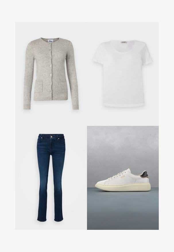 Grå cardigan lavet af blødt materiale, med rund halsudskæring, lange ærmer, knaplukning og to forlommer.; Hvid kortærmet t-shirt lavet af blødt stof, med rund halsudskæring og lige kant uden synlige mønstre eller detaljer.; Mørkeblå denimjeans, højtaljede med en slank pasform, der har en lukning med frontknap og diskrete stikninger på lommerne.; Hvide sneakers med en glat læderoverdel, har en tan- og sort læderhælbrik, runde snørebånd og en kraftig beige gummisål. Guld logo detaljer.