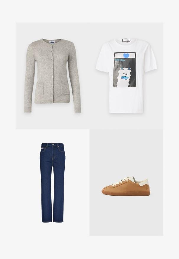Grå cardigan lavet af blødt materiale, med rund halsudskæring, lange ærmer, knaplukning og to forlommer.; Hvid bomulds t-shirt med et grafisk print af et ansigt med blå læber og øjne, indrammet af en sort kant og detaljer i blå hjerte.; Mørkeblå jeans med lige ben, frontknap og lynlås, fem-lomme design og synlige syningsdetaljer.; Brun lædersneaker med cremefarvet snørelukning, en struktureret finish og en hvid hælkappe med nitte-detaljer. Gummisål.