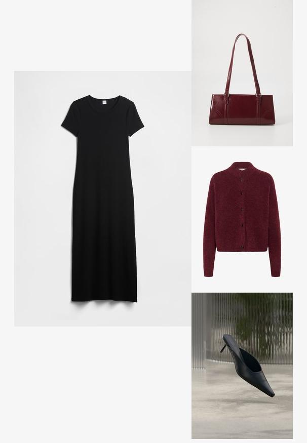Zacht gestructureerde bordeaux cardigan met lange mouwen, hoge kraag en zwarte knopen aan de voorkant.; Zwarte maxi-jurk met korte mouwen en een ronde hals, gemaakt van glad, rekbaar materiaal, met een eenvoudig, strak ontwerp zonder patronen.; Zwarte mule met puntige neus en dunne hoge hak, die boven een gladde betonnen vloer zweeft, met een wazige verticale gestreepte achtergrond.; Bourgondische handtas van glanzend materiaal, rechthoekige vorm, met twee schouderbanden en subtiele gebogen accenten aan de voorkant.