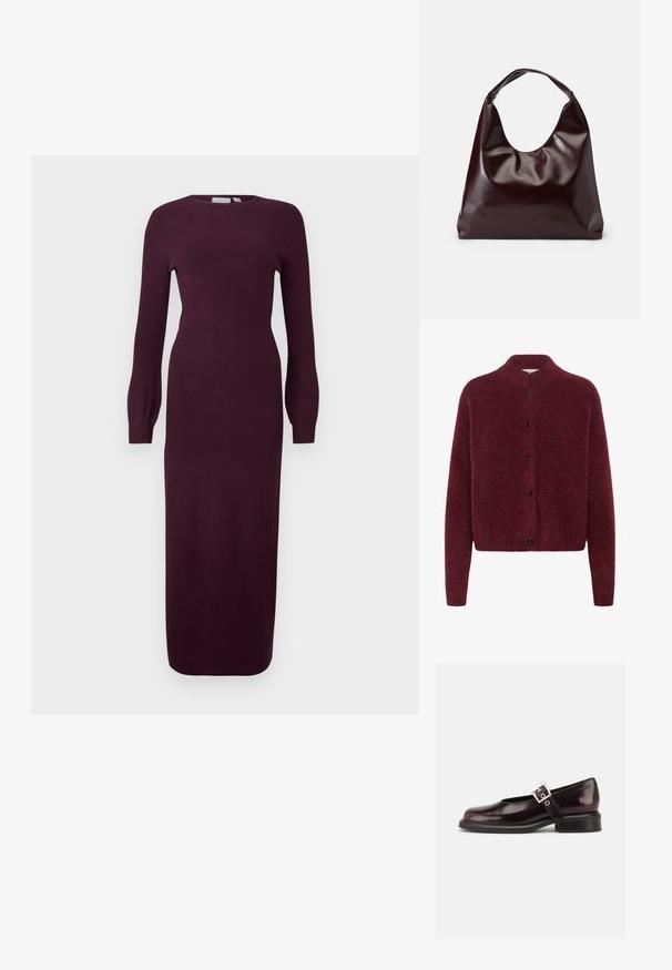 Zacht gestructureerde bordeaux cardigan met lange mouwen, hoge kraag en zwarte knopen aan de voorkant.; Bordeaux lange mouwen gebreide jurk met een aansluitende silhouet, ronde halslijn en ribbelstructuur; knielang met licht uitlopende mouwen.; Enkele glanzende donker bordeauxrode Mary Jane schoen met brede band en zilveren gesp, lage blokhak en afgeronde neus op witte achtergrond.; Bordeaux, glanzende vegan leren totebag met een zachte, sculpturale vorm en een brede, gebogen handgreep voor makkelijk dragen.