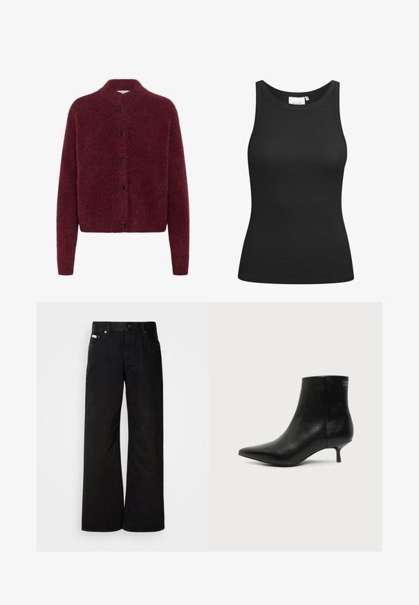 Weich strukturierte burgunderrote Strickjacke mit langen Ärmeln, hohem Kragen und schwarzen Knöpfen vorne.; Schwarzes Tanktop aus Rippstoff mit Rundhalsausschnitt und figurbetonter Passform. Flache Nähte und keine Verzierungen. Einfaches und elegantes Design.; Schwarze weite Jeans aus Baumwolle. Verfügt über frontale Taschen, einen Knopfverschluss und eine klassische Denim-Textur. Minimalistisches Design ohne Muster.; Schwarzer Leder-Knöchel-Stiefel mit spitzer Spitze und niedrigem Kittenabsatz vor hellem Hintergrund, seitliche Ansicht.
