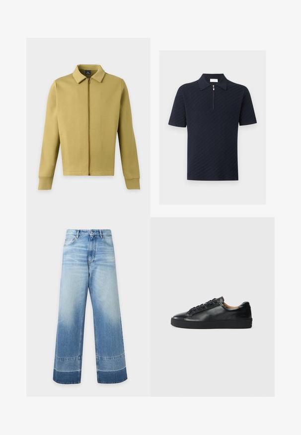 Veste zippée vert olive clair avec col, manches longues et poches avant simples sur fond uni.; Polo bleu marine à manches courtes avec motif texturé et fermeture éclair sur le devant s'étendant du col jusqu'à la poitrine.; Jean en denim bleu clair à coupe large avec des détails délavés et des blocs de couleur plus foncés près de l'ourlet, bouton devant et poches visibles.; Baskets en cuir noir avec une texture lisse, bout rond et fermeture à lacets. Comprend une semelle en caoutchouc épaisse et un minimum de détails de marque.