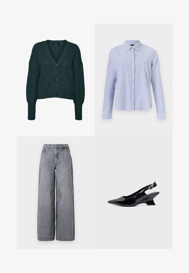 Mørkegrøn chunky strikket cardigan med tre store knapper, V-hals, lange ærmer samt ribkant ved ærmer og skørt.; Langærmet skjorte med knapper med hvide og lyseblå lodrette striber og en spids krave vist på en ensfarvet baggrund.; Bredde ben denim jeans i en falmet grå vask, med fem lommer, en knaplukning og en blød tekstur med subtile fældningsdetaljer.; Sort laklæder slingback sko med spids tå og lav vinklet blokhæl på ensartet lys baggrund.