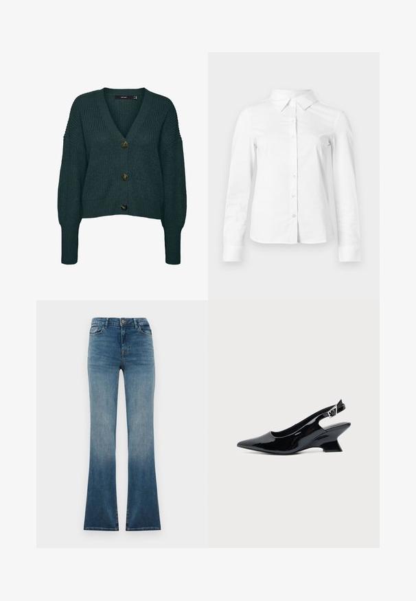 Mørkegrøn chunky strikket cardigan med tre store knapper, V-hals, lange ærmer samt ribkant ved ærmer og skørt.; Hvid skjorte med lange ærmer, knapper, spids krave, lige kant og tætsiddende silhuet, vist på en ensartet lys baggrund.; Blå denim flared jeans med en gradient fading fra mørk til lys. Har en traditionel talje, fem lommer og en frontlukning med knap.; Sort laklæder slingback sko med spids tå og lav vinklet blokhæl på ensartet lys baggrund.