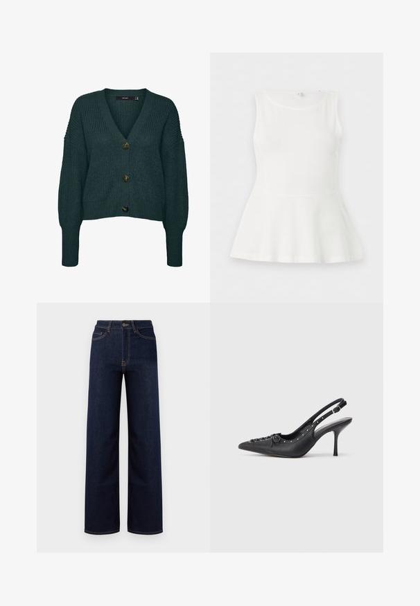 Mørkegrøn chunky strikket cardigan med tre store knapper, V-hals, lange ærmer samt ribkant ved ærmer og skørt.; Hvid ærmeløs peplum top med rund halsudskæring og figursyet talje, vist fladt på en ensartet hvid baggrund.; Mørkeblå bredbenede jeans lavet af denim, med høj talje, fire lommer og kontrastfarvet syninger langs sømmene.; Sorte læder slingback stiletto med spids tå, side spændebånd, nitter langs kanten og dekorativ snøring foran.