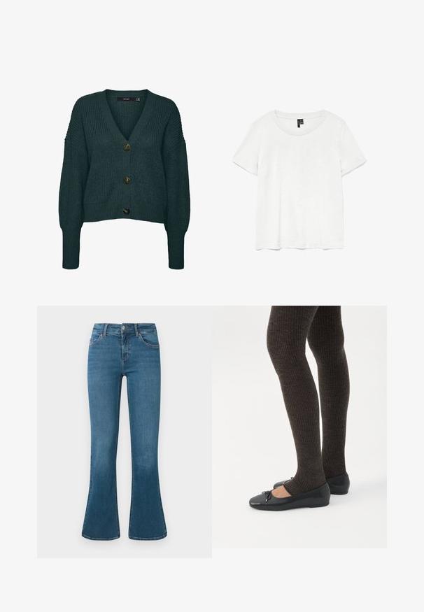 Mørkegrøn chunky strikket cardigan med tre store knapper, V-hals, lange ærmer samt ribkant ved ærmer og skørt.; Hvid kortærmet t-shirt med rund halsudskæring, lavet af letvægtsstof. Enkel design, glat tekstur og lige kant.; Blå denim flared jeans med en mellemhøj talje, fem-lomme design og diskrete syninger. Glat tekstur med en klassisk vask.; Ben iført mørke ribbede leggings kombineret med sorte balletsko med små sløjfedetaljer på hvid baggrund.